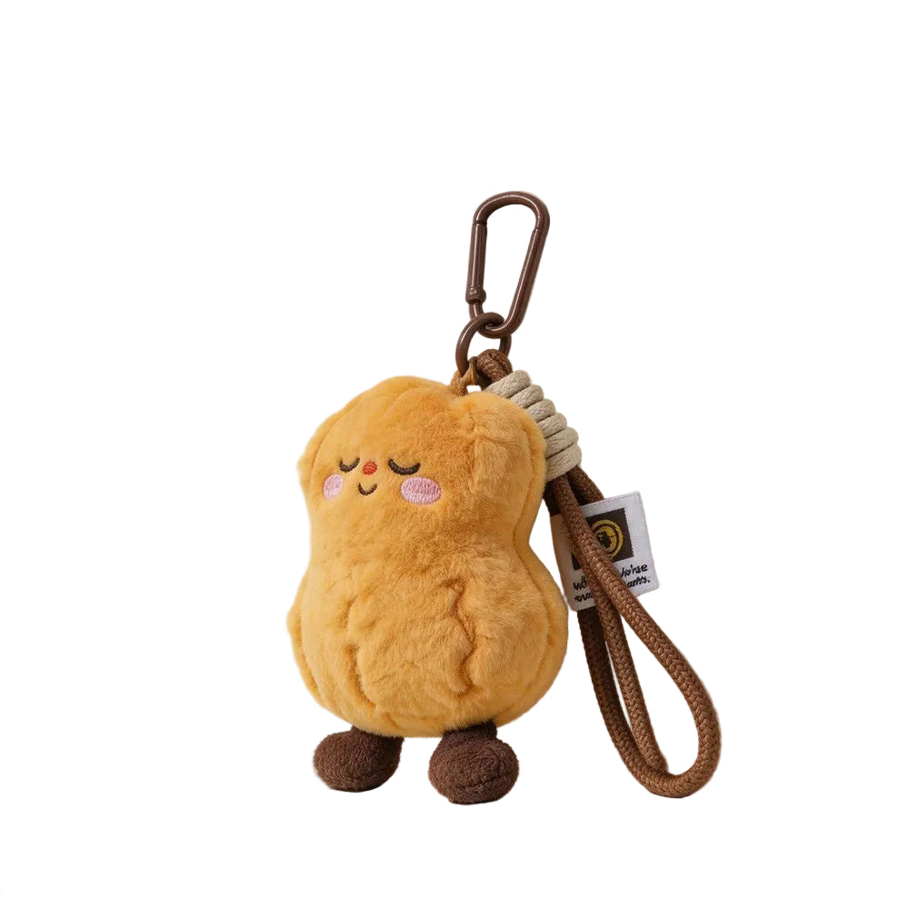 Plush Pear Bag Charm, Smiling Fruit Keyring on Cord and Carabiner, 12 cm, styled in a nursery setting