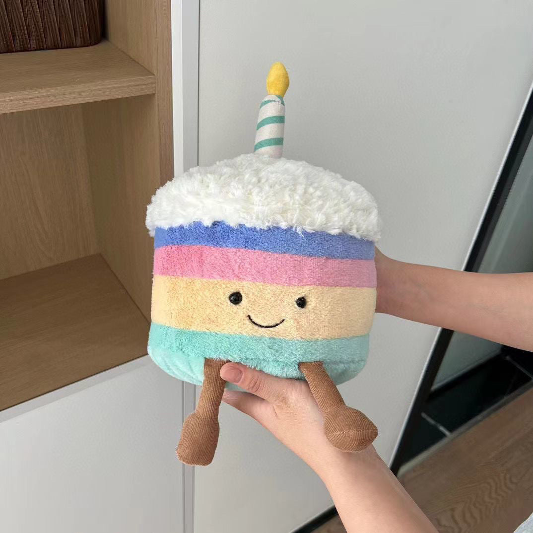 Birthday Cake Plush Toy, Cute Stuffed Food Character, close-up detail