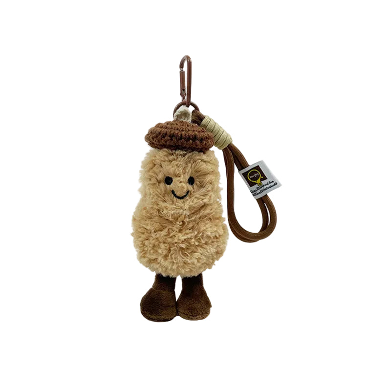 Plush Peanut Bag Charm, Smiling Peanut Keyring in a Knitted Beret, 20 cm, Three Beret Colours, front view