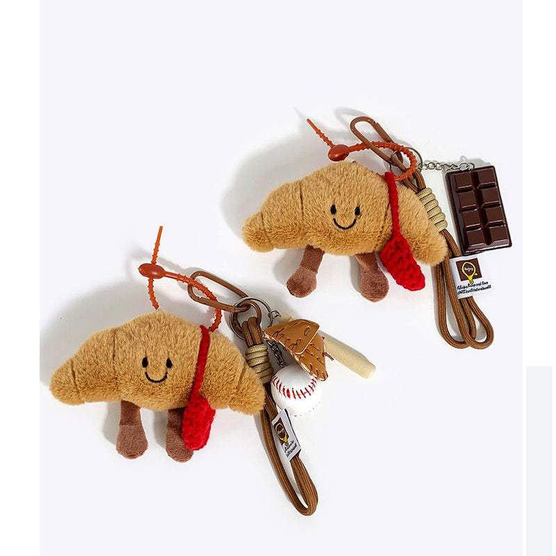 Plush Croissant Bag Charm, Smiling Pastry Keyring, 14 cm, PP Cotton, Three Versions, shown with the full range