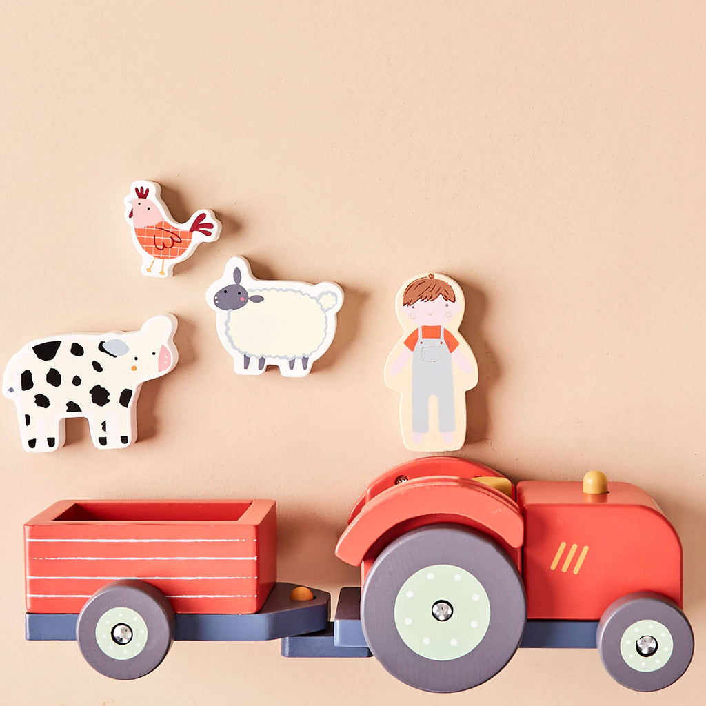 Wooden Tractor & Animal Trailer Toy - 4 Animals