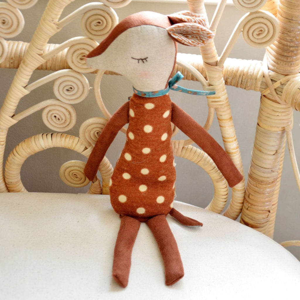 Deer Soft Toy, Spotted Fawn Fabric Doll with Ribbon Collar & Embroidered Face, 38 cm, front view
