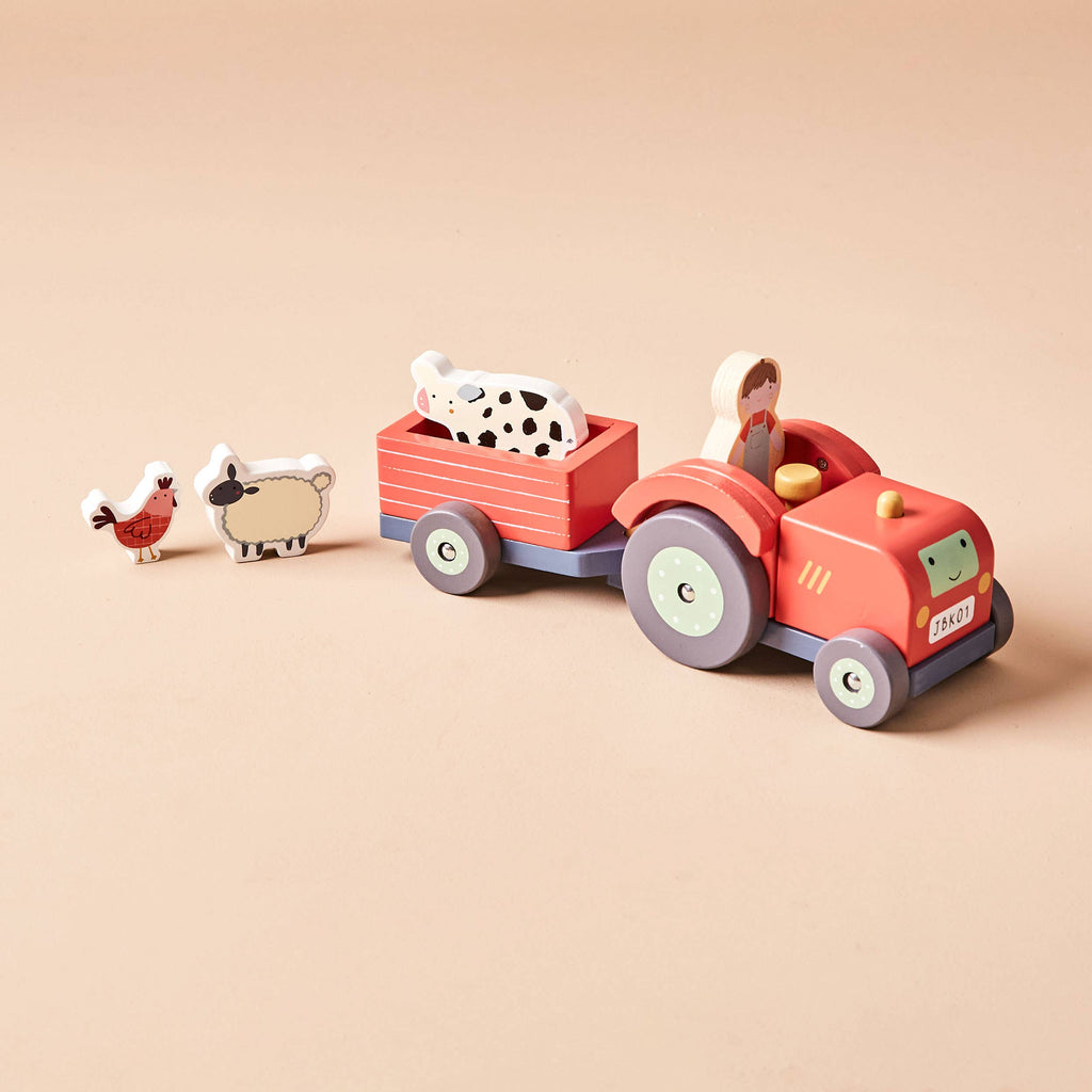 Wooden Tractor & Animal Trailer Toy - 4 Animals