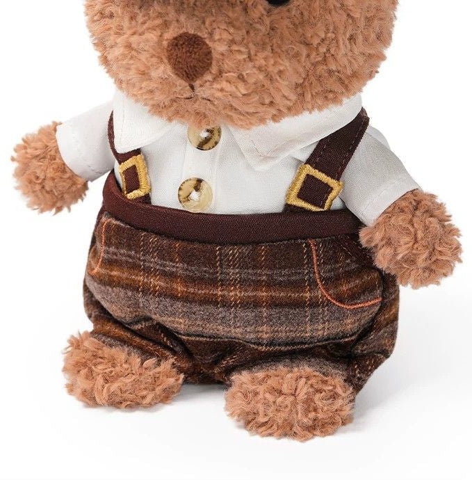 Teddy Bear Plush Toy in Vintage Outfit, Soft Stuffed Bear Doll with Cap & Suspenders, 18 cm, back view