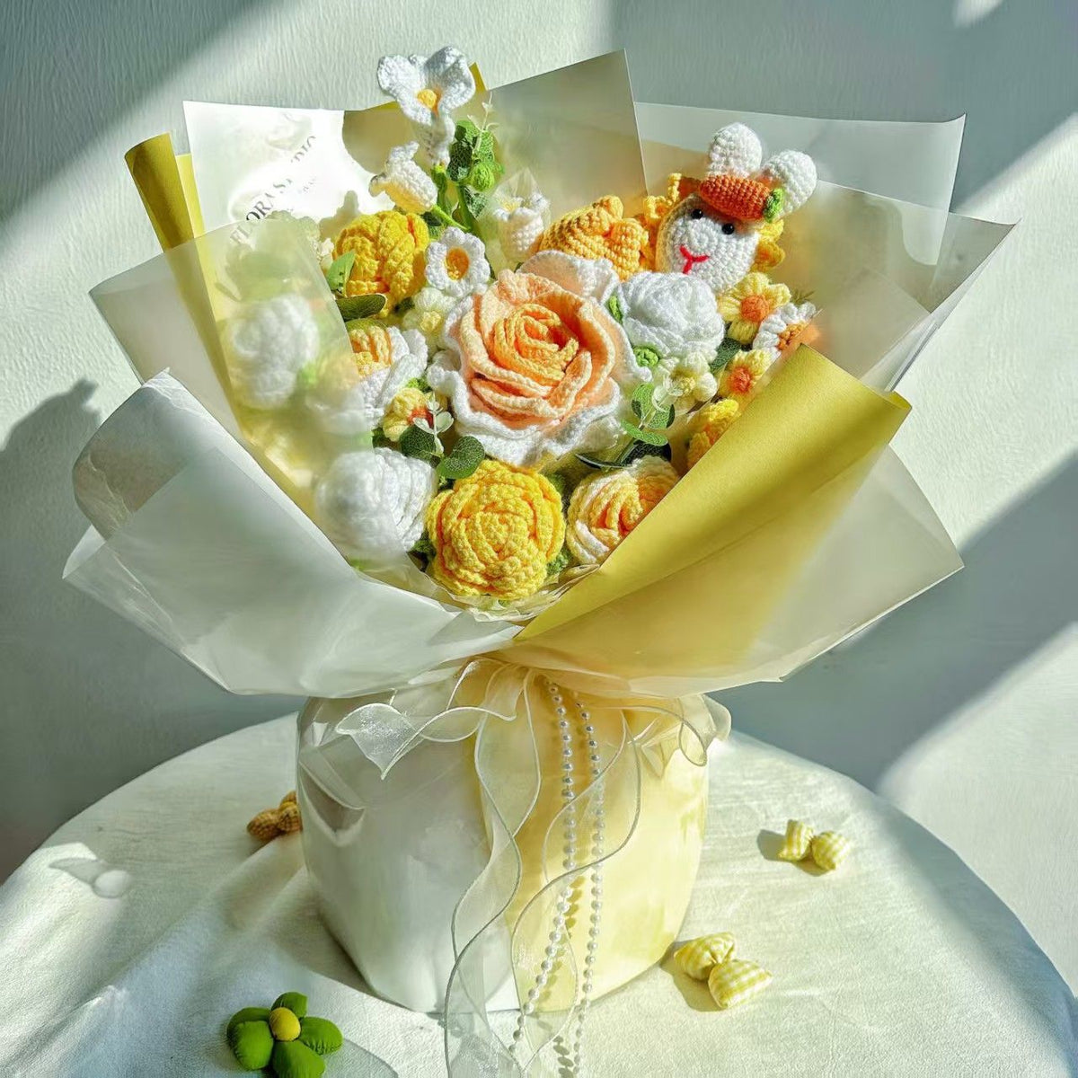 Handmade Crochet Flower Bouquet, Knitted Floral Gift, side view