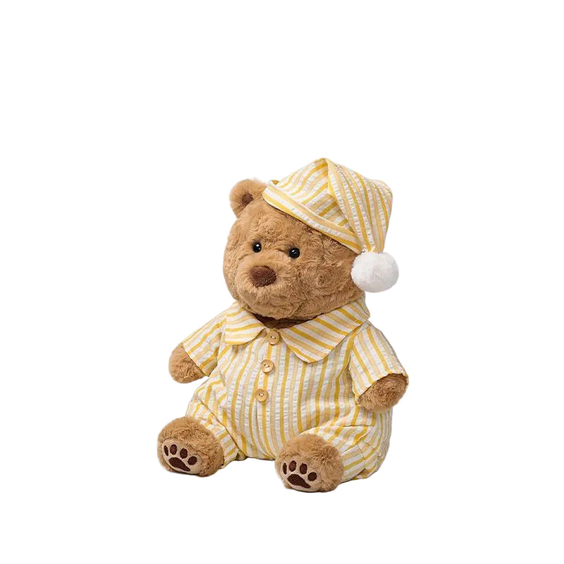 Pajama Teddy Bear Plush Toy, Soft Stuffed Bear in Striped Sleepwear & Cap, 25 cm, side view