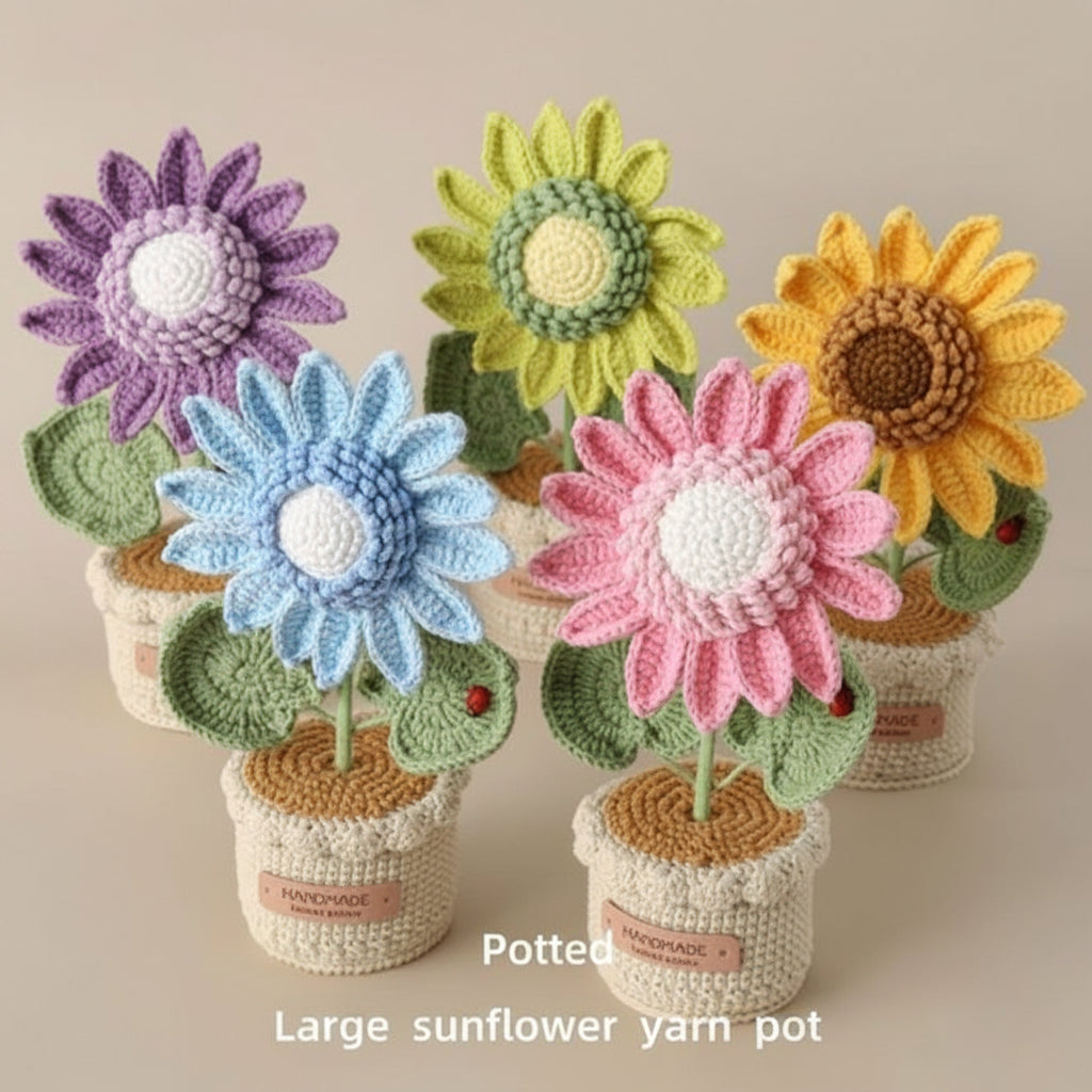 Handmade Crochet Potted Sunflower, Knitted Yarn Flower Decoration, back view