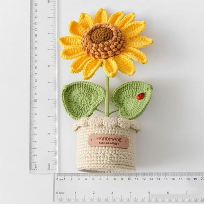 Handmade Crochet Potted Sunflower, Knitted Yarn Flower Decoration, held in hand for scale