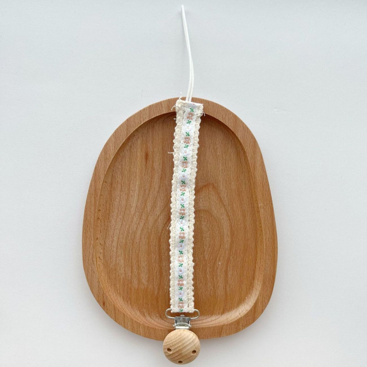 Floral Ribbon Dummy Clip, Lace Edge Soother Holder with Beech Wood Clip, 28.5 cm, 7 Designs, close-up of the fabric texture