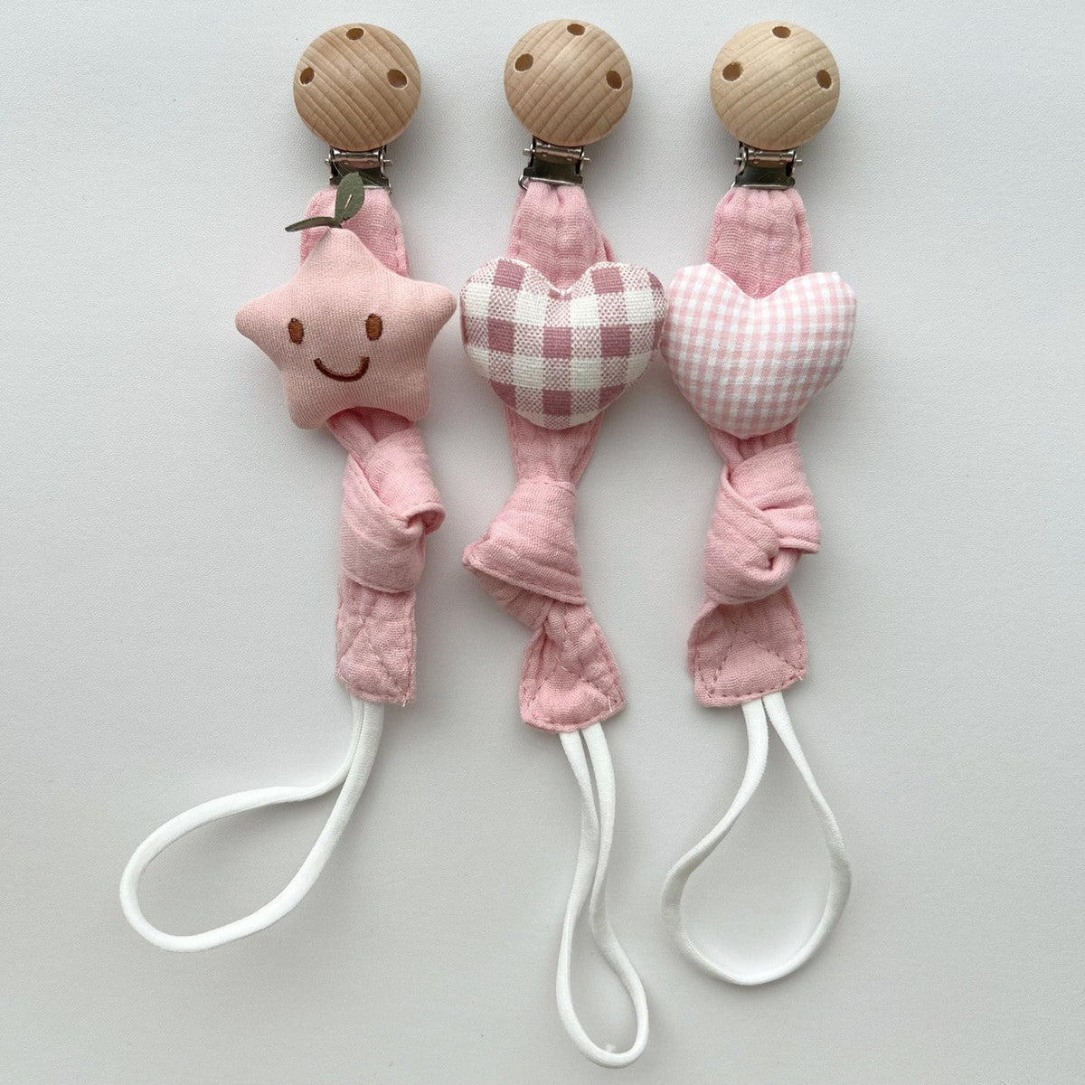 Cotton Dummy Clip, Knitted Soother Holder with Plush Motif & Beech Wood Clip, 27 cm, 8 Designs, front view