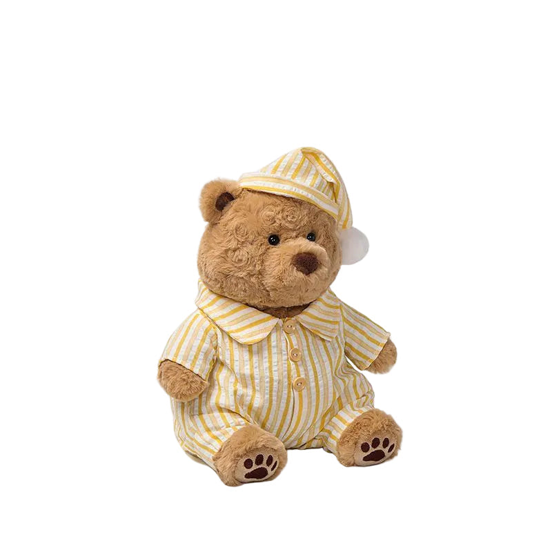 Pajama Teddy Bear Plush Toy, Soft Stuffed Bear in Striped Sleepwear & Cap, 25 cm, close-up detail