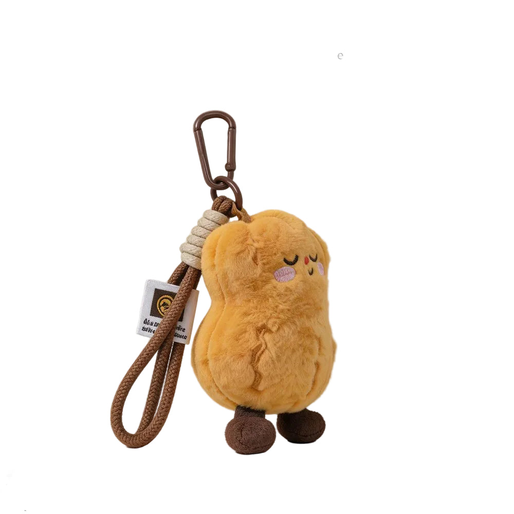 Plush Pear Bag Charm, Smiling Fruit Keyring on Cord and Carabiner, 12 cm, close-up detail