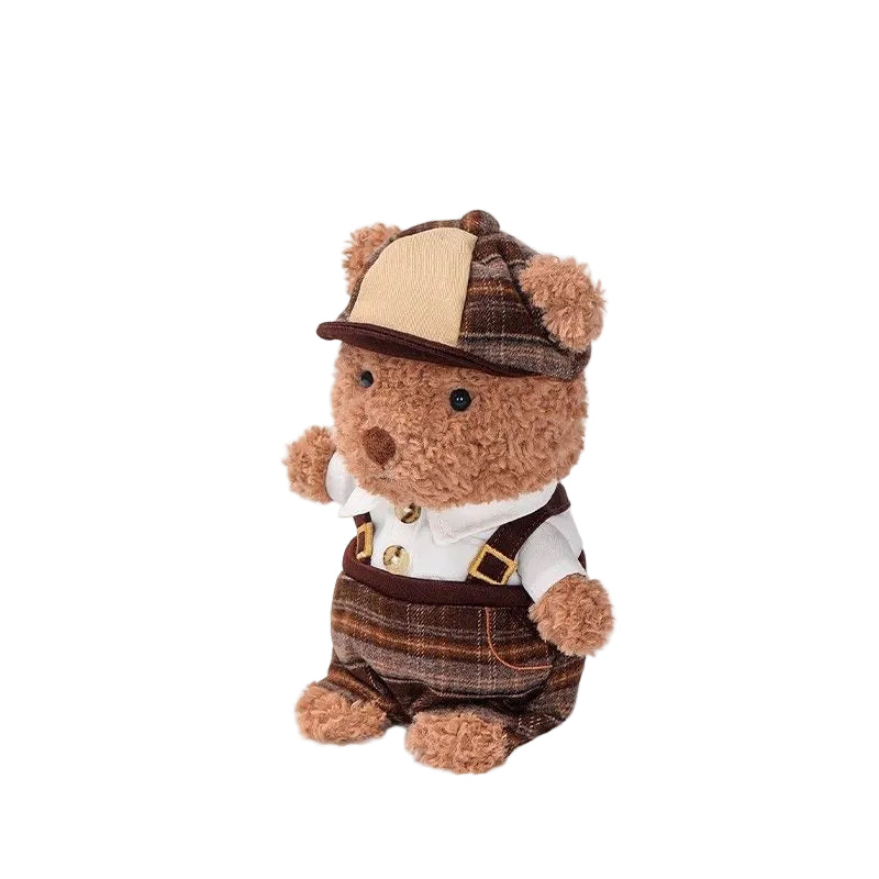 Teddy Bear Plush Toy in Vintage Outfit, Soft Stuffed Bear Doll with Cap & Suspenders, 18 cm, styled in a nursery setting