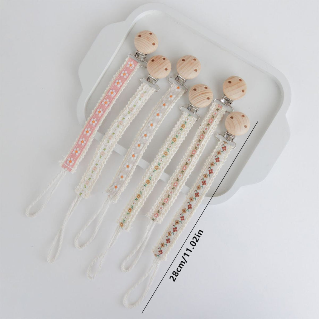 Floral Ribbon Dummy Clip, Lace Edge Soother Holder with Beech Wood Clip, 28.5 cm, 7 Designs, detail of the stitching