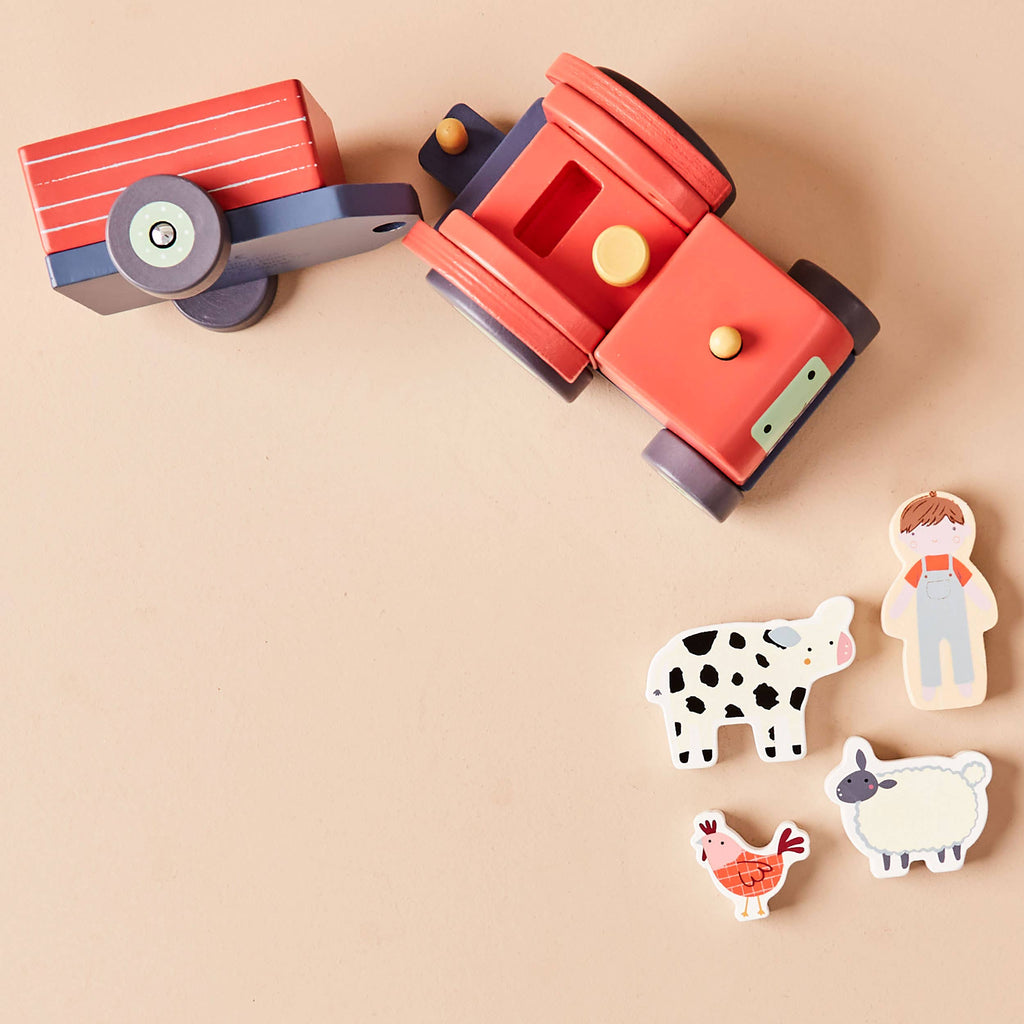 Wooden Tractor & Animal Trailer Toy - 4 Animals