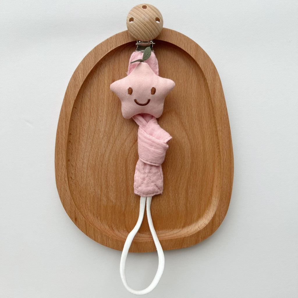 Cotton Dummy Clip, Knitted Soother Holder with Plush Motif & Beech Wood Clip, 27 cm, 8 Designs, styled with props
