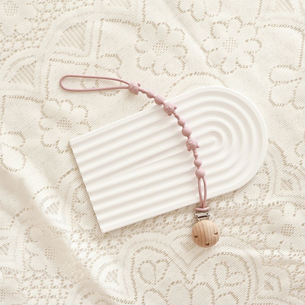 Silicone Dummy Clip, Beaded Soother Holder with Beech Wood Clip & Bear, Face Beads, 22 cm, 7 Colours, close-up detail