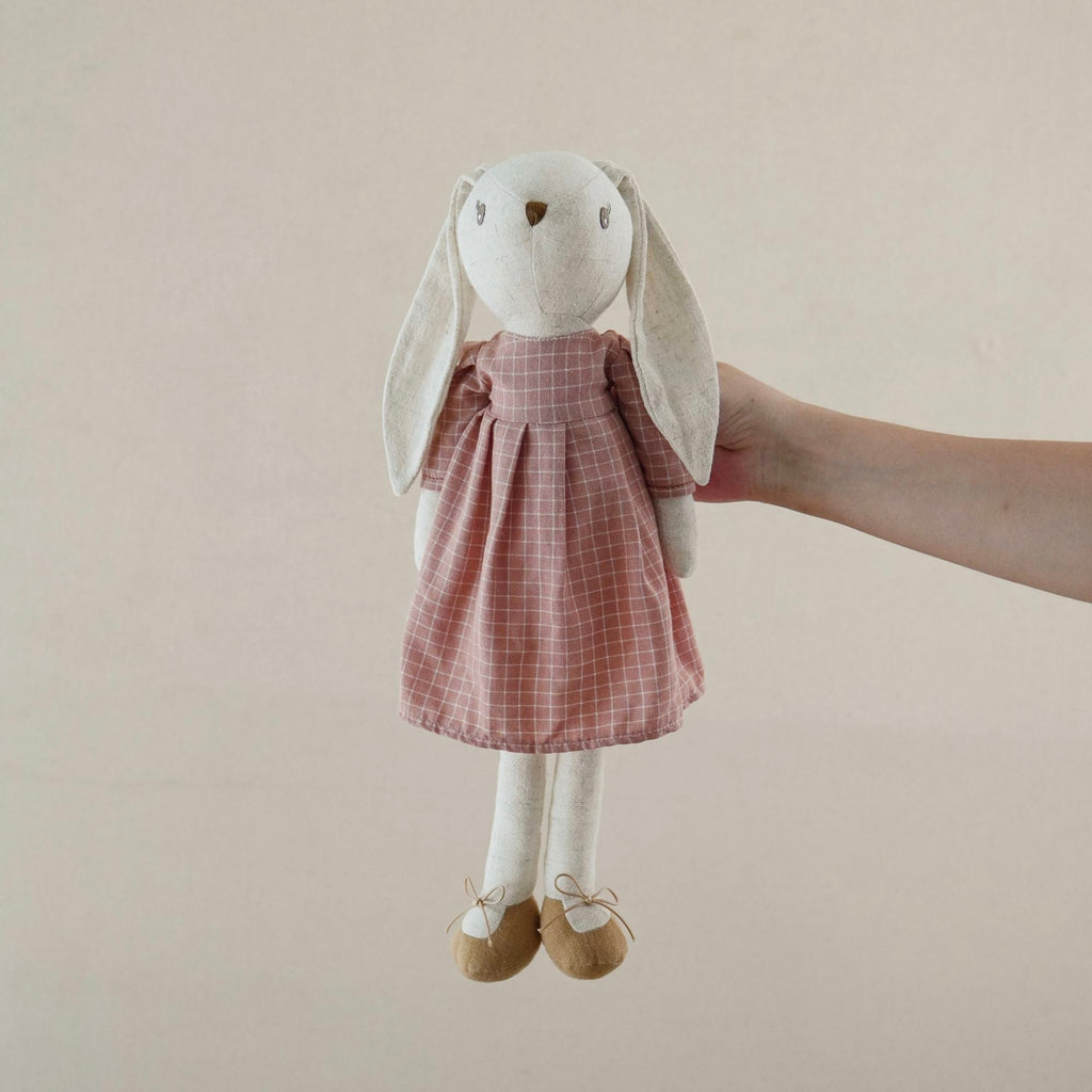 Bunny Doll with Long Legs, Fabric Rabbit in a Pinafore, 22 cm, Ages 0, 3, shown with the full range