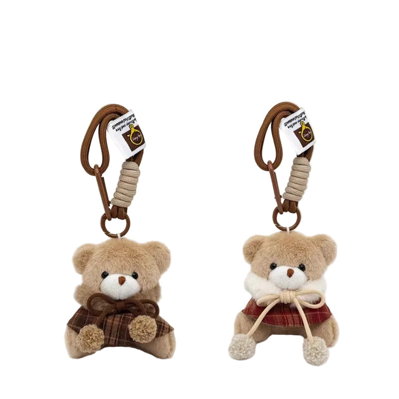 Plush Bear Bag Charm, Caped Teddy in a Checked Cape on a Braided Cord, 19 cm Drop, Two Colours, close-up detail