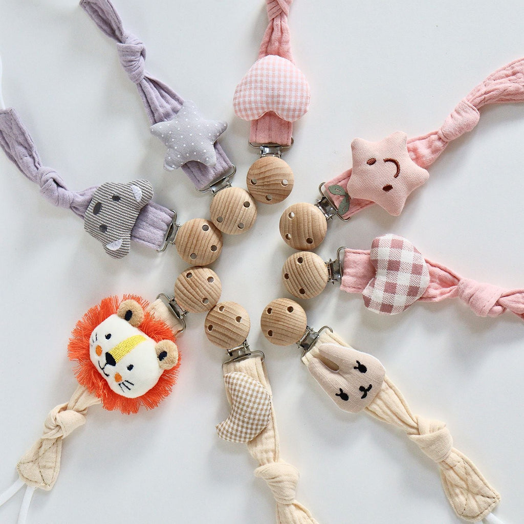 Cotton Dummy Clip, Knitted Soother Holder with Plush Motif & Beech Wood Clip, 27 cm, 8 Designs, angled view