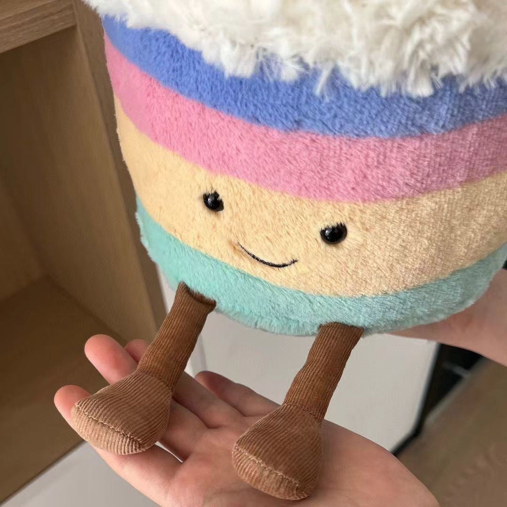 Birthday Cake Plush Toy, Cute Stuffed Food Character, held in hand for scale