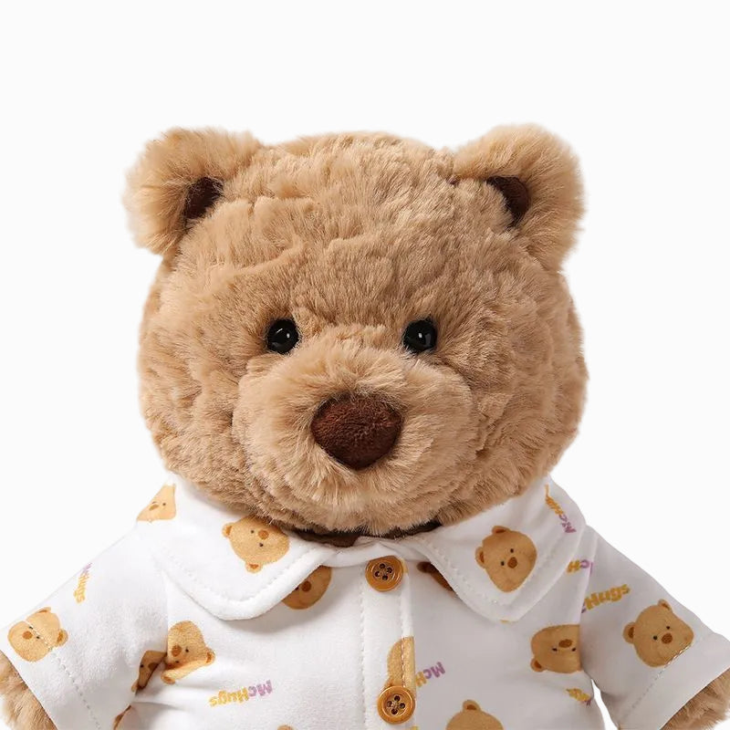 Teddy Bear Plush Toy with Bear Print Outfit, Soft Stuffed Bear Doll, 25 cm, held in hand for scale