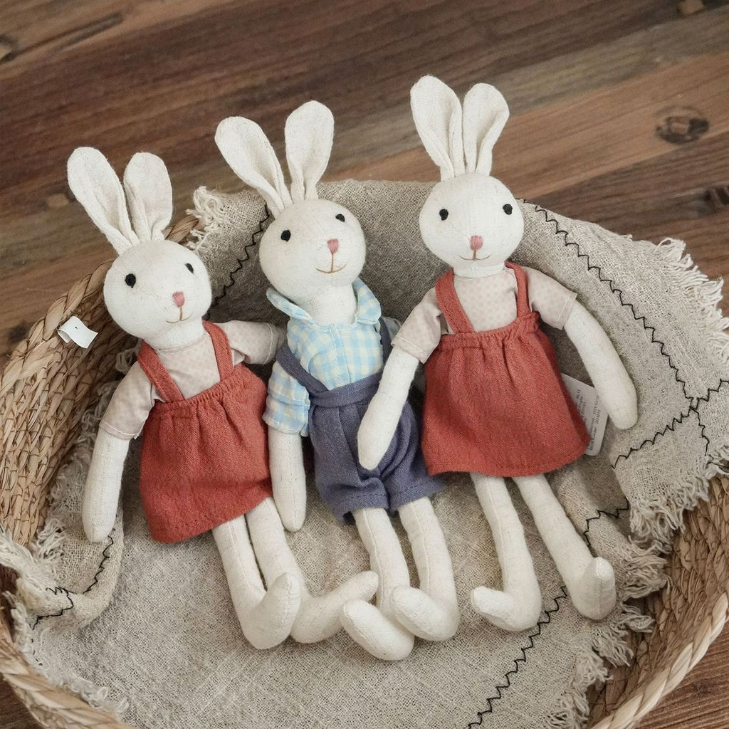 Bunny Doll with Long Legs, Fabric Rabbit in a Pinafore, 22 cm, Ages 0, 3, front view