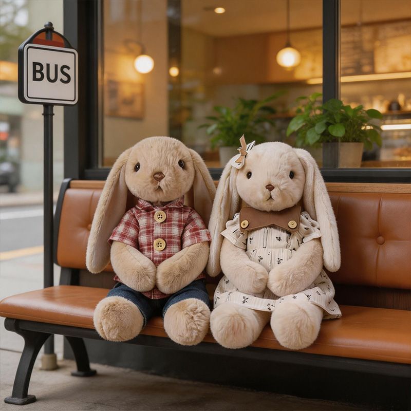 Dressed Rabbit Doll, Six Characters, 30 cm and 45 cm, Ages 6+, styled on a shelf
