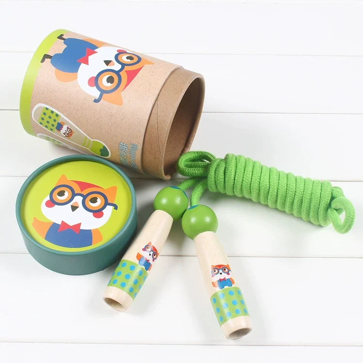 Wooden Skipping Rope, Owl Design, Beech Handles, Cotton Rope, Adjustable 3, 5 m, Ages 3+, styled in a nursery setting