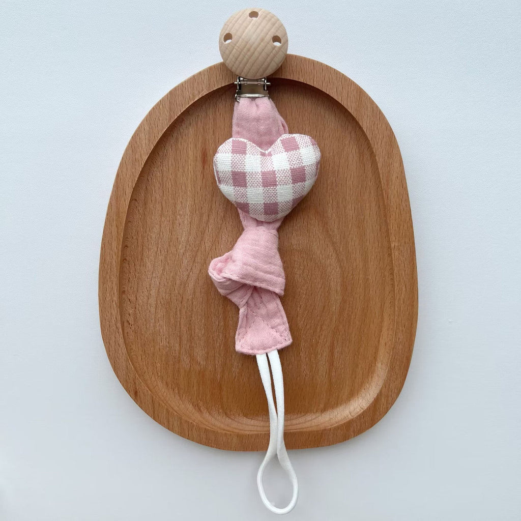 Cotton Dummy Clip, Knitted Soother Holder with Plush Motif & Beech Wood Clip, 27 cm, 8 Designs, detail of the stitching