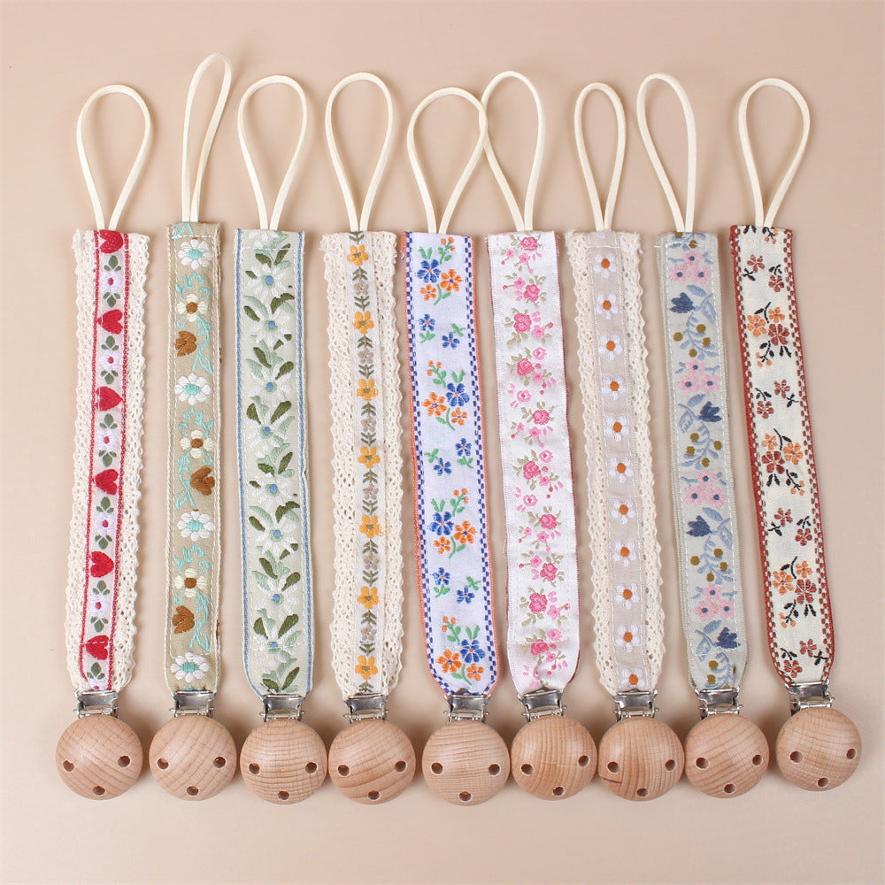 Beech Wood Dummy Clip, Embroidered Soother Holder, front view