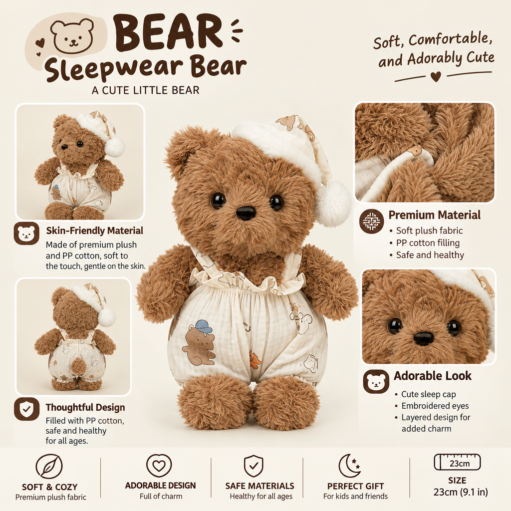 Sleepwear Bear Plush Toy, Cute Teddy in Pyjamas, shown on a bed
