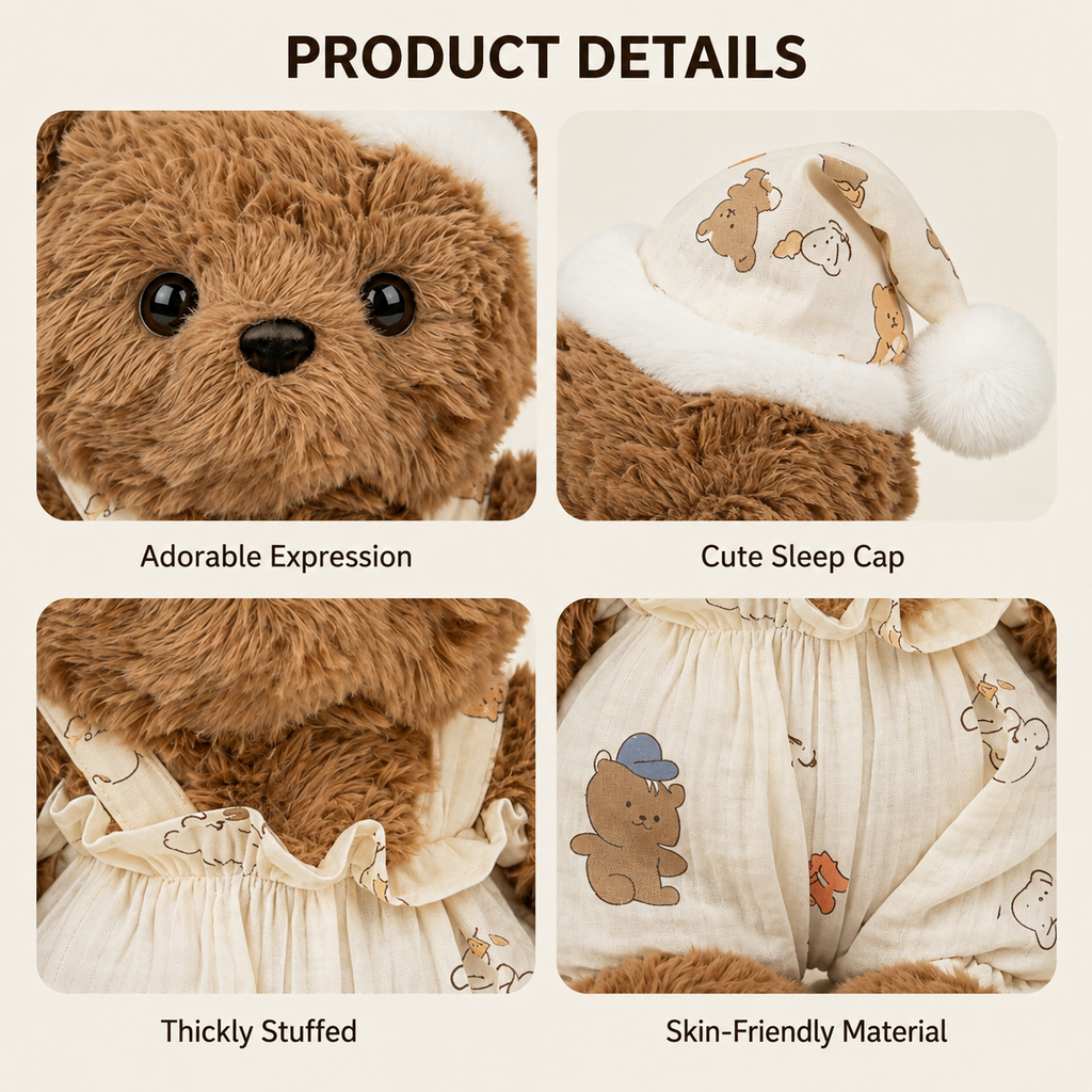 Sleepwear Bear Plush Toy, Cute Teddy in Pyjamas, held in hand for scale