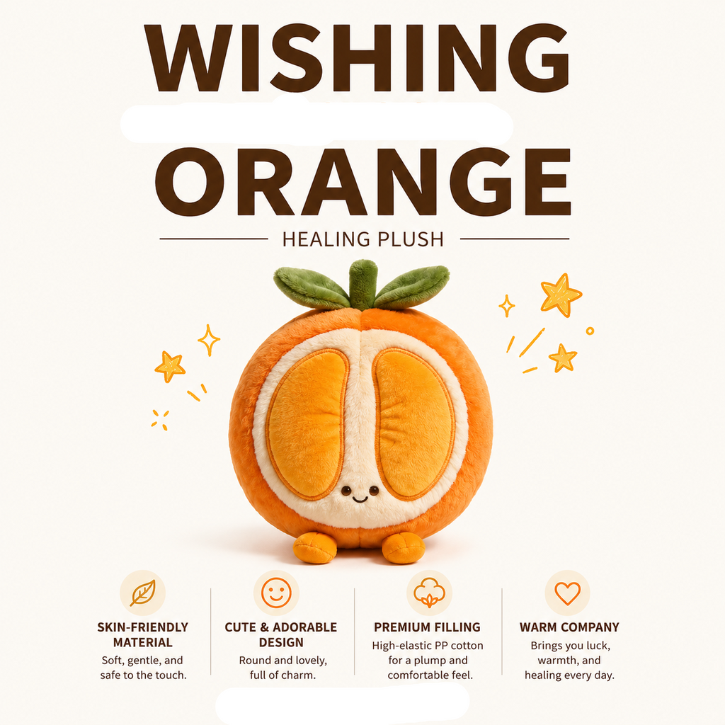 Orange Plush Toy, Cute Stuffed Fruit Character, styled on a shelf