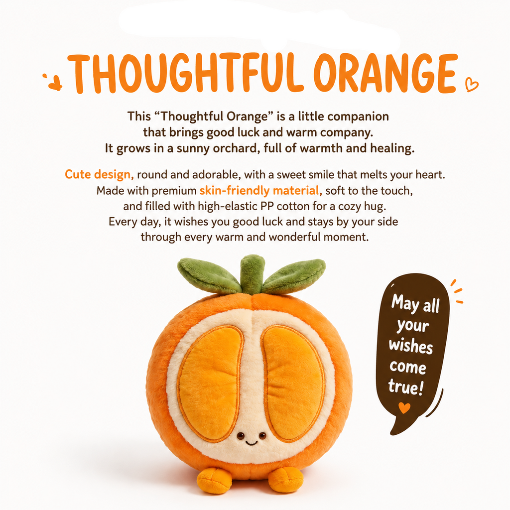 Orange Plush Toy, Cute Stuffed Fruit Character, close-up of the fabric texture