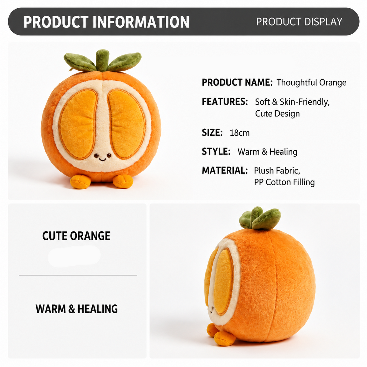 Orange Plush Toy, Cute Stuffed Fruit Character, shown with the full range