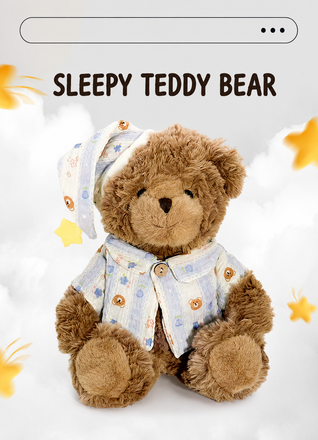 Sleepy Teddy Bear Plush Toy, Brown Bear in Pyjamas with Nightcap, back view