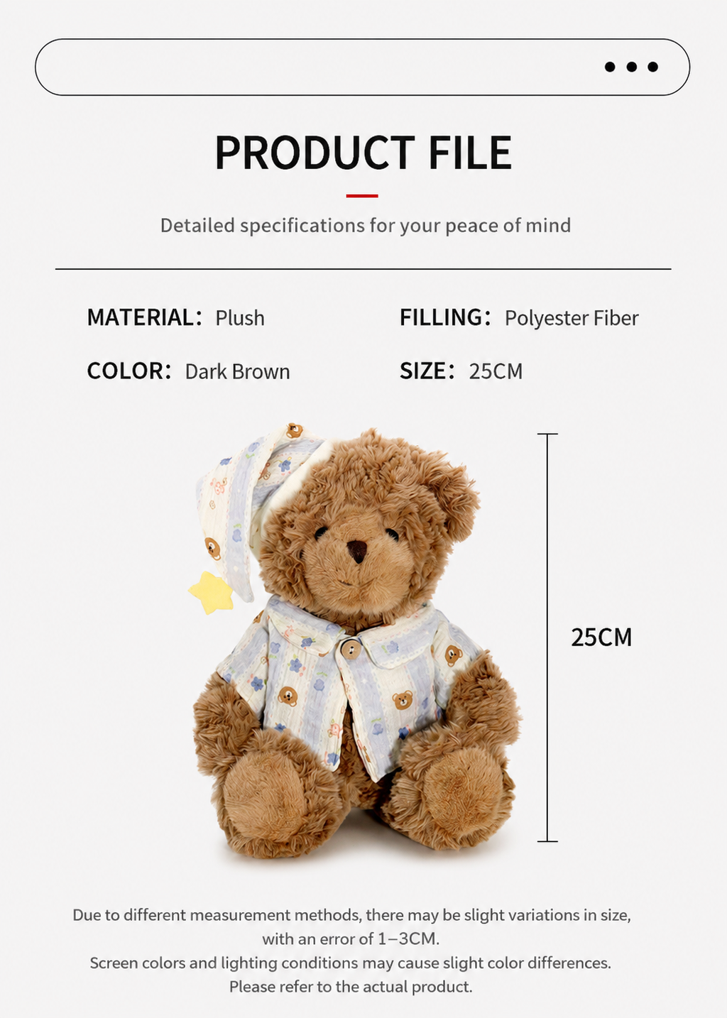 Sleepy Teddy Bear Plush Toy, Brown Bear in Pyjamas with Nightcap, shown with the full range
