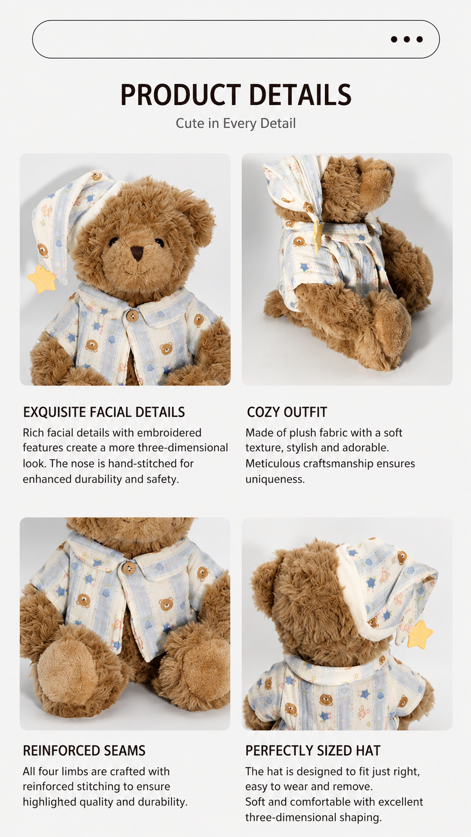 Sleepy Teddy Bear Plush Toy, Brown Bear in Pyjamas with Nightcap, close-up detail