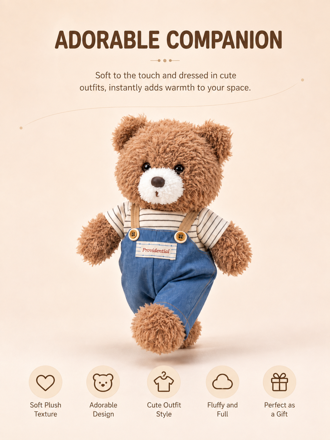 Teddy Bear Plush Toy, Brown Curly Bear in Striped Shirt and Overalls, shown with the full range