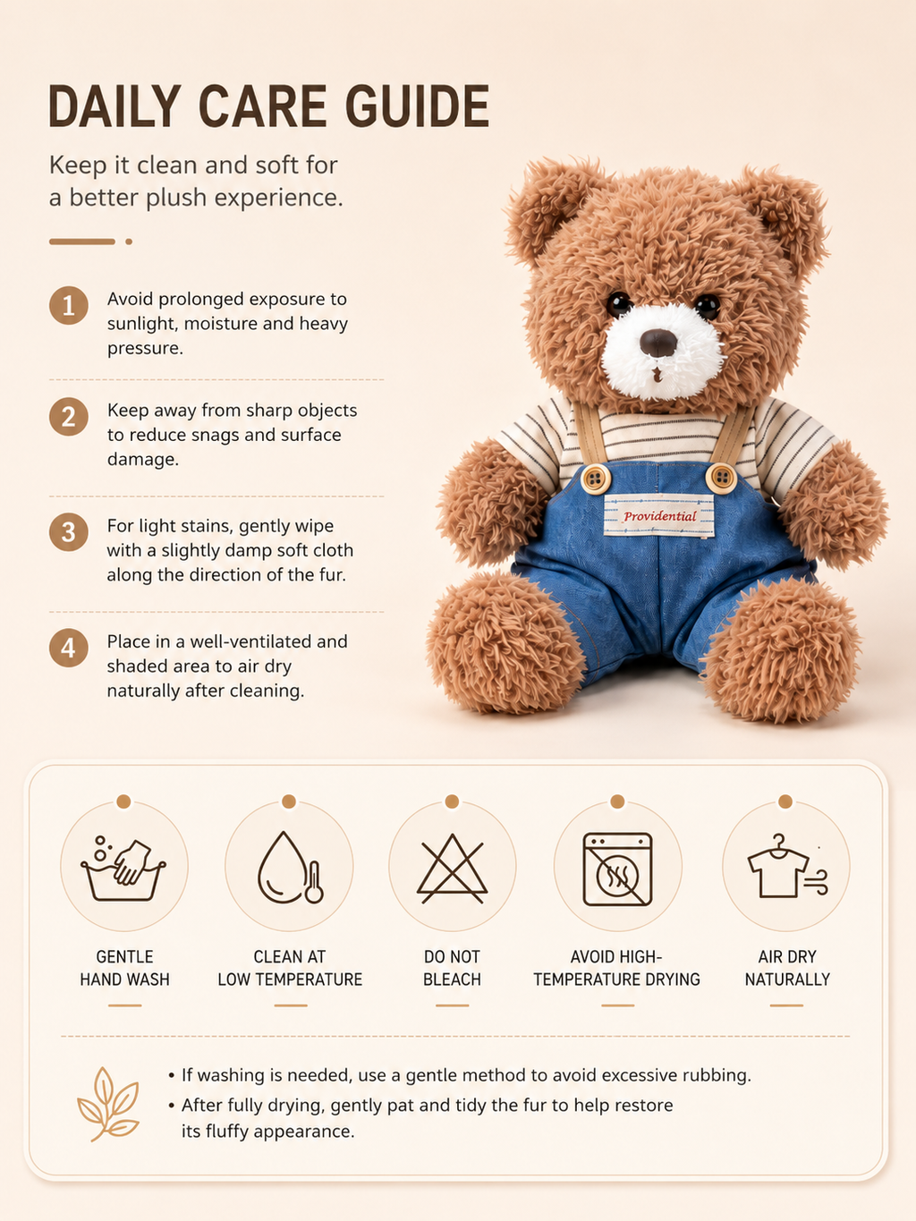 Teddy Bear Plush Toy, Brown Curly Bear in Striped Shirt and Overalls, side view