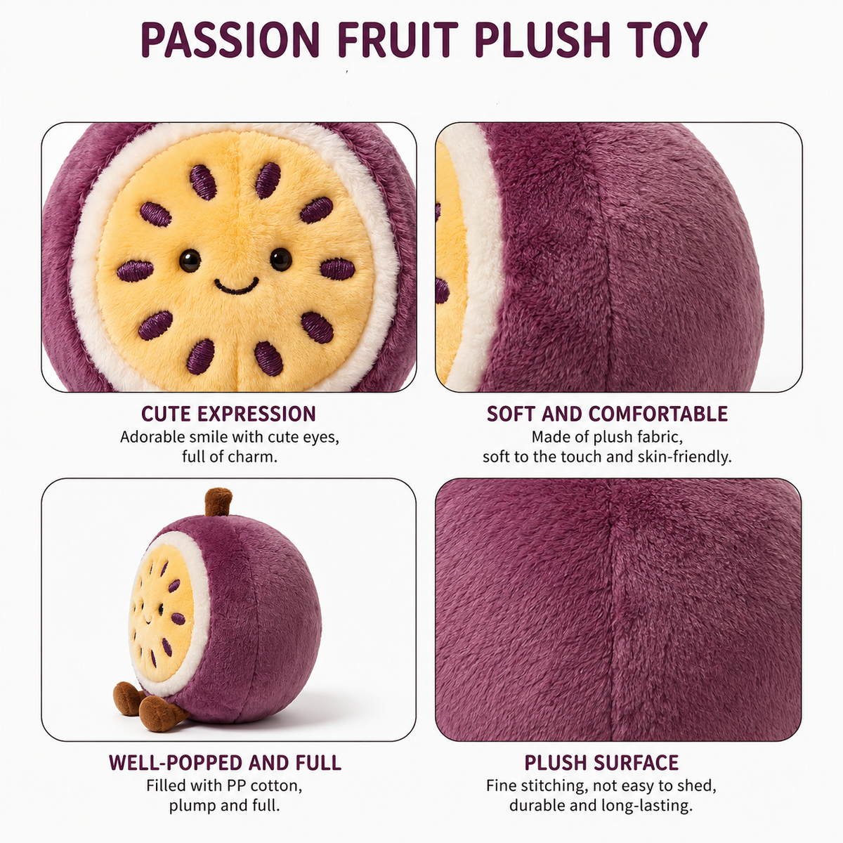 Passion Fruit Plush Toy, Cute Stuffed Fruit Character, held in hand for scale