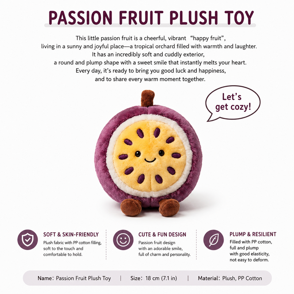 Passion Fruit Plush Toy, Cute Stuffed Fruit Character, styled in a nursery setting