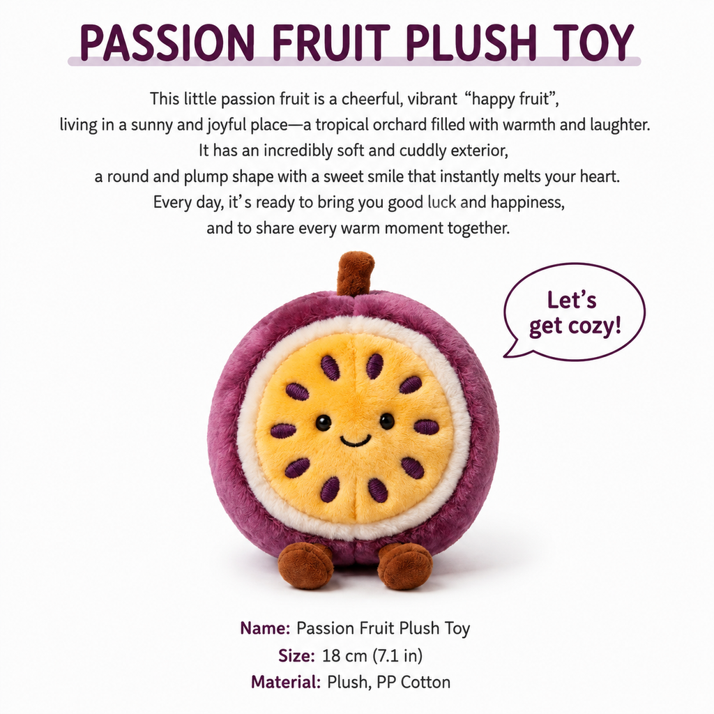 Passion Fruit Plush Toy, Cute Stuffed Fruit Character, close-up detail