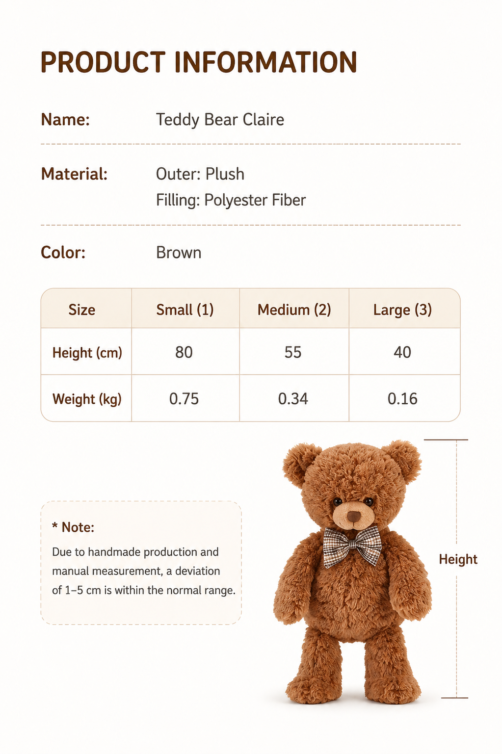 Classic Brown Teddy Bear Plush Toy, Soft Stuffed Bear with Bow Tie, shown with the full range