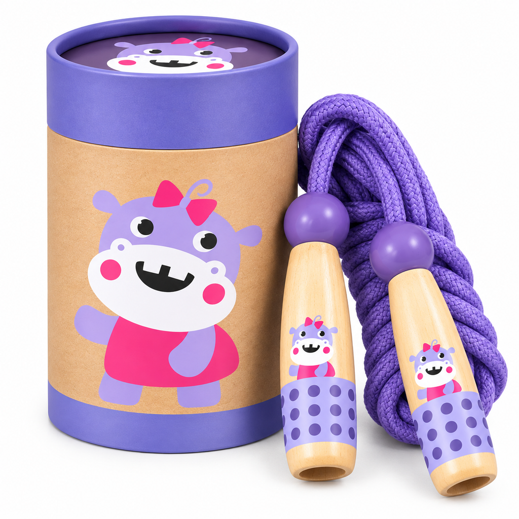 Wooden Skipping Rope, Hippo Design, Beech Handles, Cotton Rope, Adjustable 3, 5 m, Ages 3+, front view