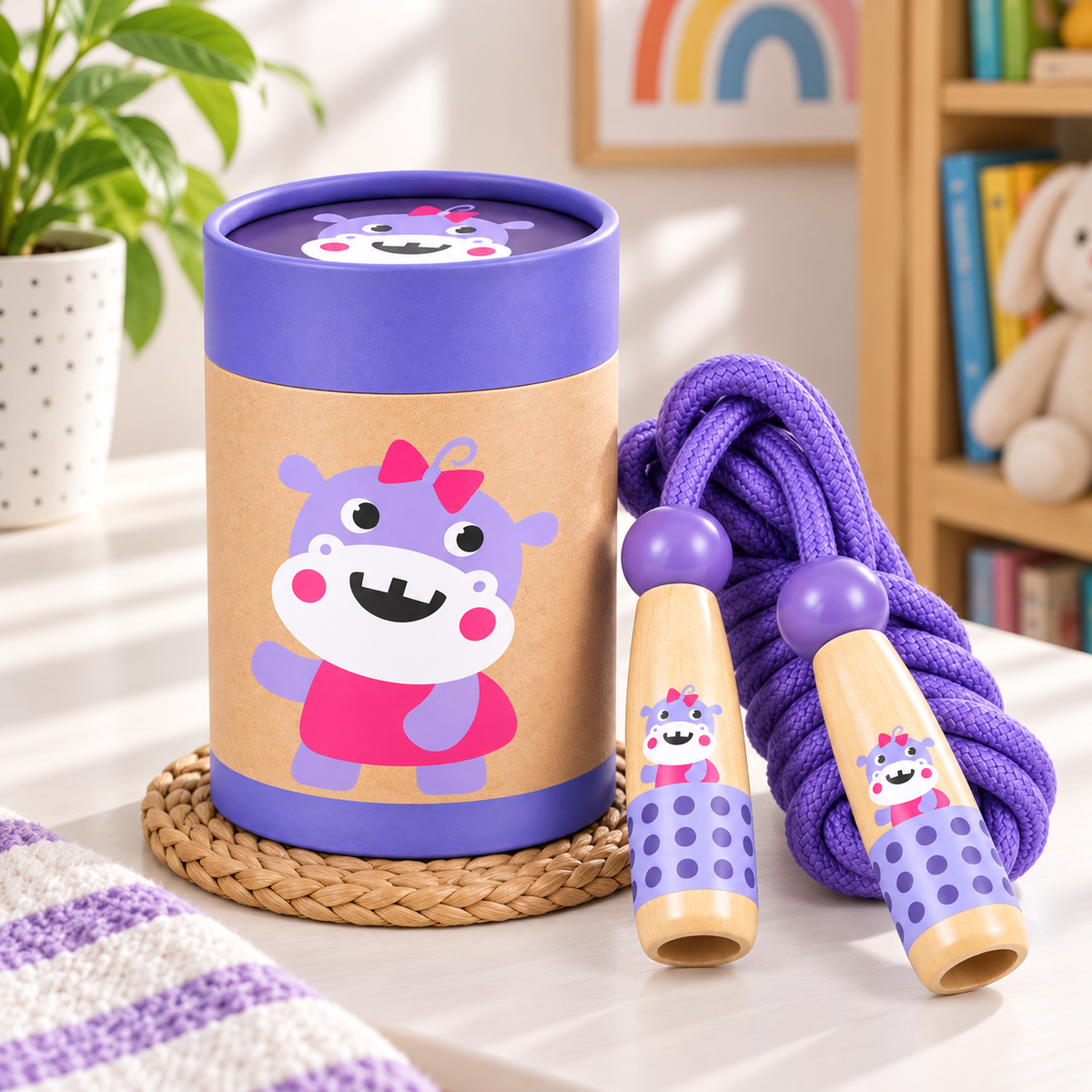 Wooden Skipping Rope, Hippo Design, Beech Handles, Cotton Rope, Adjustable 3, 5 m, Ages 3+, side view