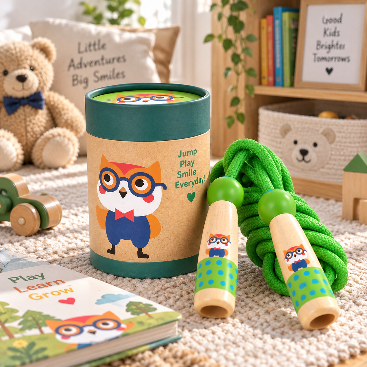 Wooden Skipping Rope – Owl Design, Beech Handles, Cotton Rope, Adjustable 3–5 m, Ages 3+