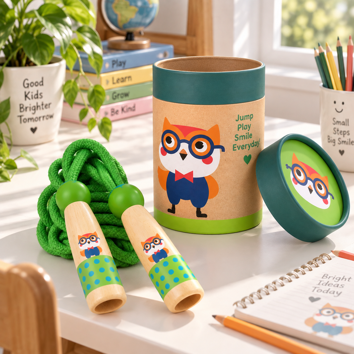 Wooden Skipping Rope – Owl Design, Beech Handles, Cotton Rope, Adjustable 3–5 m, Ages 3+