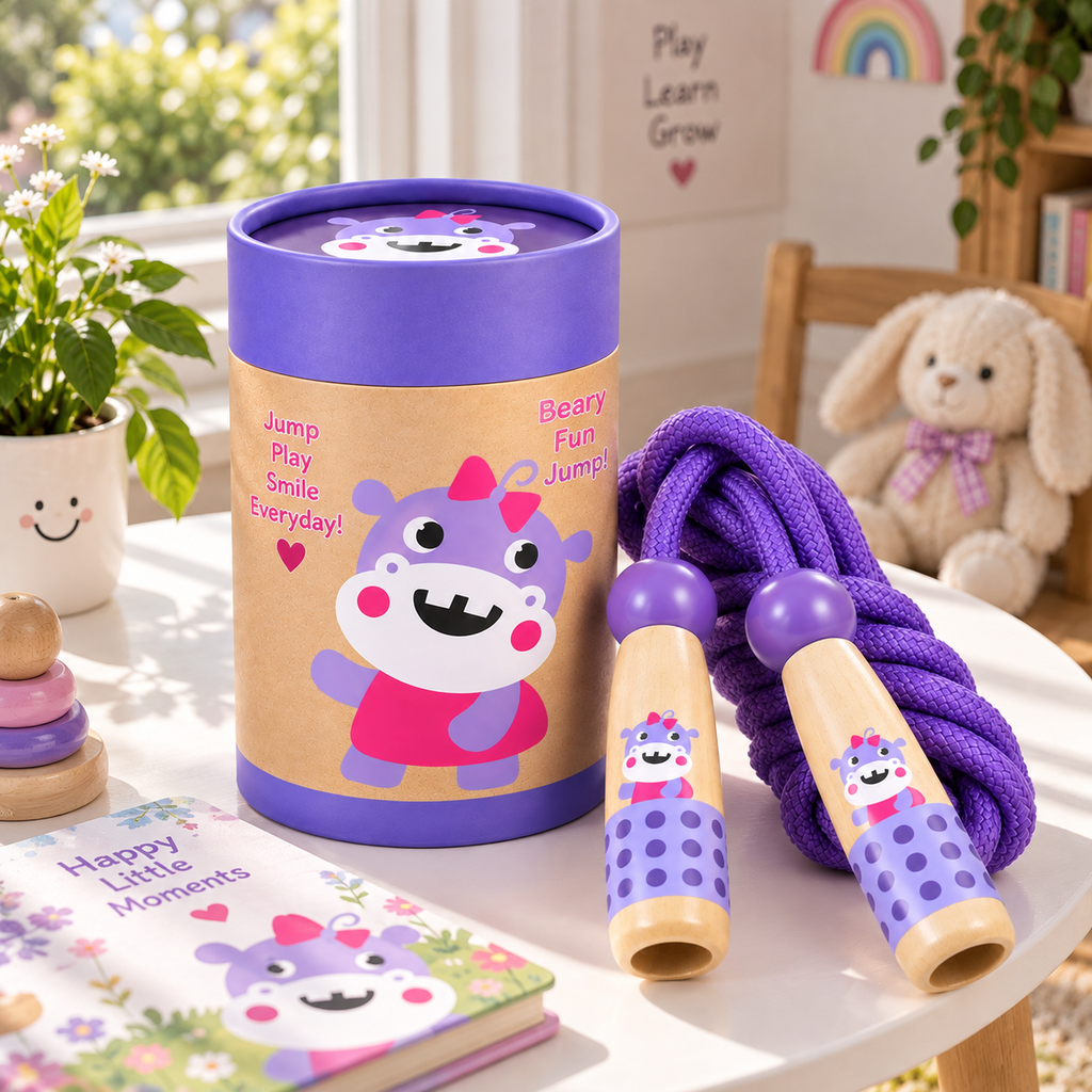 Wooden Skipping Rope – Hippo Design, Beech Handles, Cotton Rope, Adjustable 3–5 m, Ages 3+